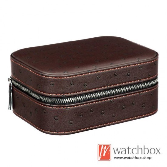 2 Slots Pieces Watch Ostrich Texture Leather Case Storage Travel Gift Zipper Box