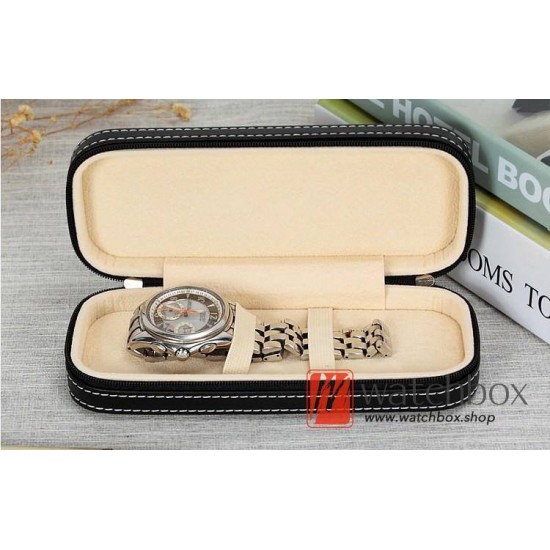 High Quality Single Watch Black Leather Case Storage Travel Zipper Gift Box