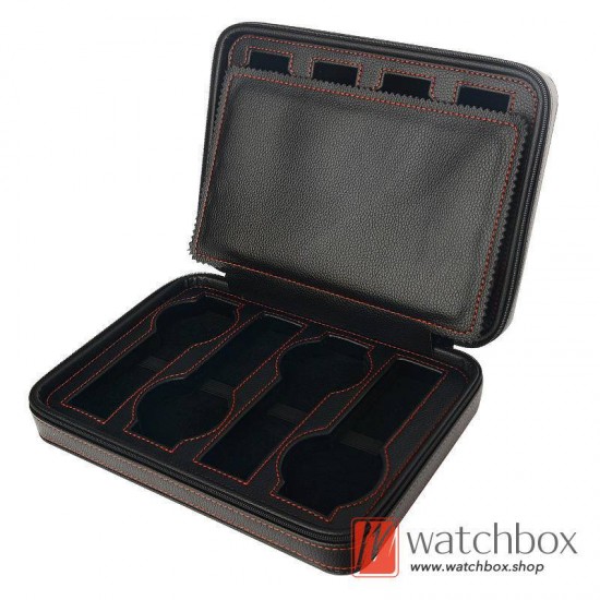 2/4/8 Slots Pieces Black PU Leather Watch Case Storage Zipper Travel Bag Box