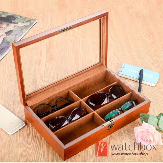 6 Grids Wood Sunglasses Glasses Jewelry Case Storage Organizer Display Lock Box