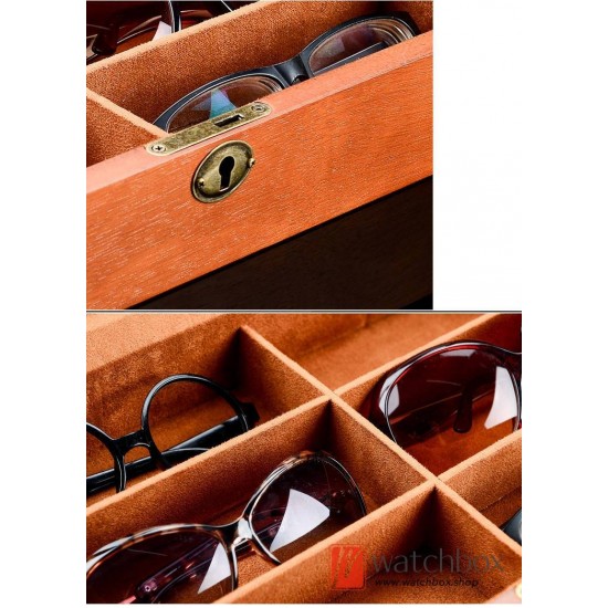 6 Grids Wood Sunglasses Glasses Jewelry Case Storage Organizer Display Lock Box