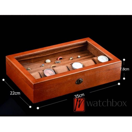 Vintage Wood 6 Slots Watch Jewelry Case Rings Ears Storage Organizer Display Lock Box