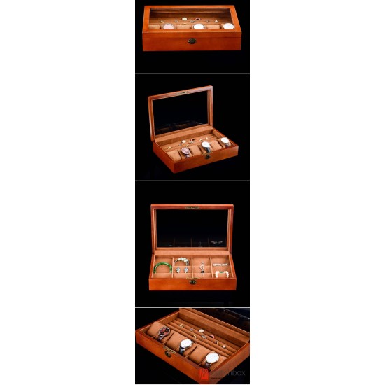 Vintage Wood 6 Slots Watch Jewelry Case Rings Ears Storage Organizer Display Lock Box