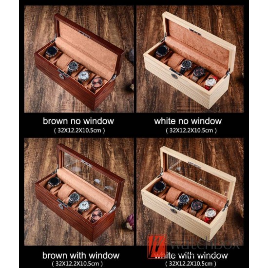 5 Slots Vintage White Ash Solid Wood Watch Jewelry Case Storage Organizer Display Lock Box