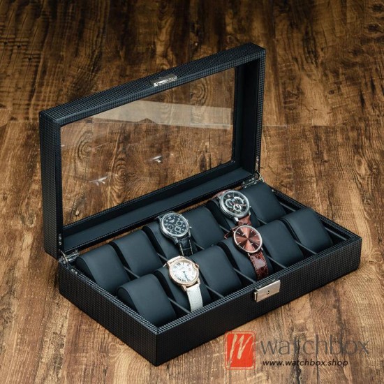 12 Slots Black Carbon Fiber Leather Watch Case Storage Organizer Display Box