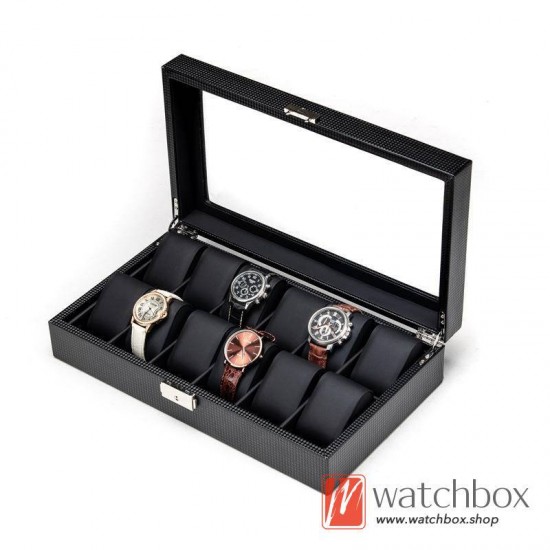 12 Slots Black Carbon Fiber Leather Watch Case Storage Organizer Display Box