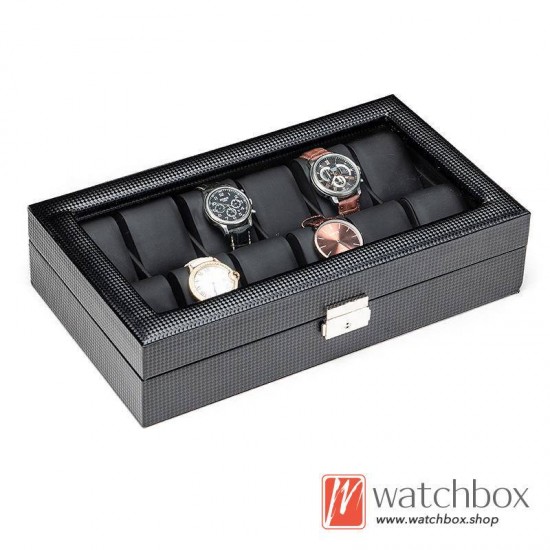 12 Slots Black Carbon Fiber Leather, Black Leather Watch Box