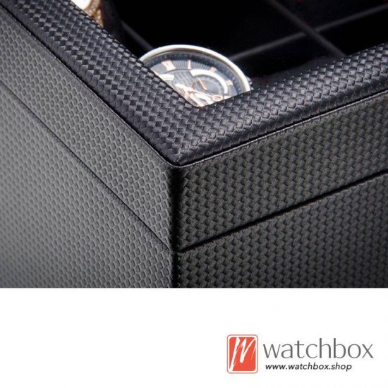 10 Slots Watch Black Carbon Fiber Leather Case Organizer Storage Display Box