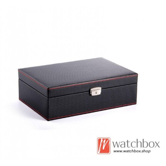 10 Slots Watch Black Carbon Fiber Leather Case Organizer Storage Display Box
