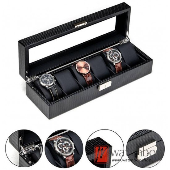 6 Slots Watch Black Carbon Fiber Leather Watch Case Storage Organizer Box