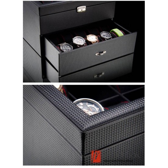 20 Slots Double Layer Drawer Black Carbon Fiber Leather Watch Jewelry Case Storage Organizer Box