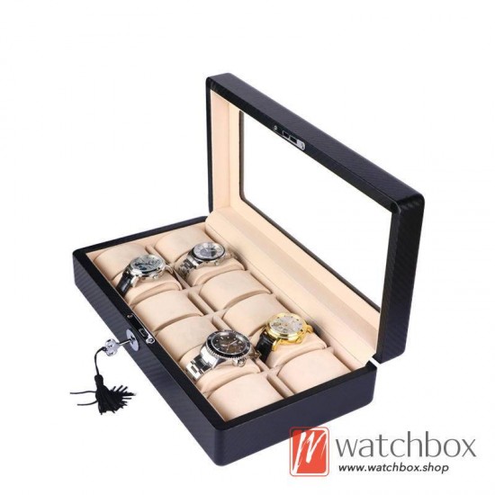 Carbon PU+Camel velve 12 Grid Leather Jewelry Case Organizer Display Storage Watch Lock Box