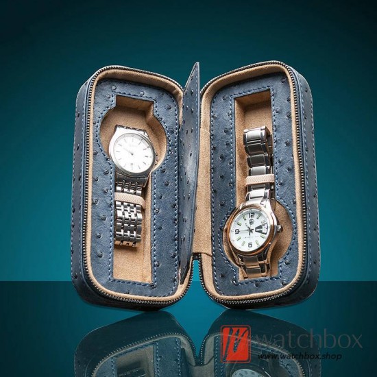 2 Slots Pieces PU Ostrich Pattern Leather Zipper Watch Case Storage Travel Box
