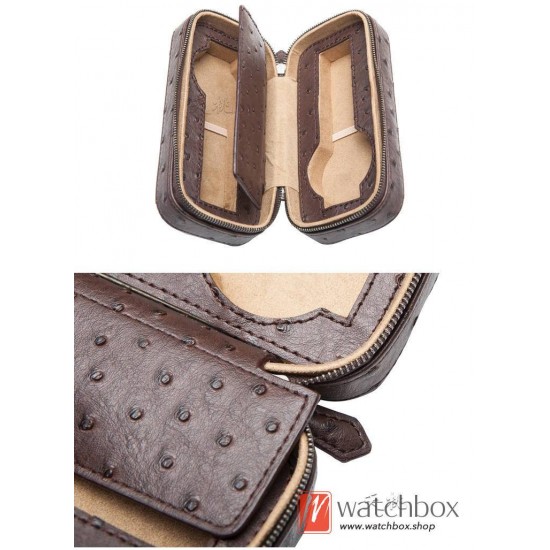2 Slots Pieces PU Ostrich Pattern Leather Zipper Watch Case Storage Travel Box