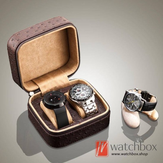 2 Slots PU Ostrich Pattern Leather Watch Case Storage Travel Zipper Box