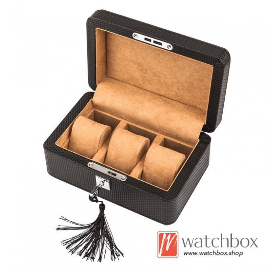 3 Slots Pieces Carbon Fiber PU Leather Watch Case Storage Organizer Lock Box