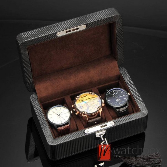 3 Slots Pieces Carbon Fiber PU Leather Watch Case Storage Organizer Lock Box