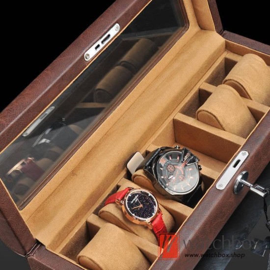 6 Slots Pieces Sheepskin PU Leather Watch Case Storage Organizer Display Lock Box