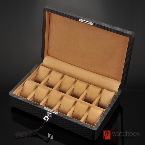 12 Grids Pieces Carbon Fiber Leather Watch Jewelry Case Storage Organizer Lock Box