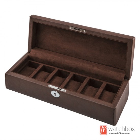 6 Slots Microfiber PU Leather Watch Jewelry Case Storage Organizer Box With Lock