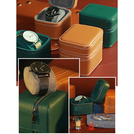 Square Portable PU Leather Single Watch Jewelry Case Storage Travel Zipper Box