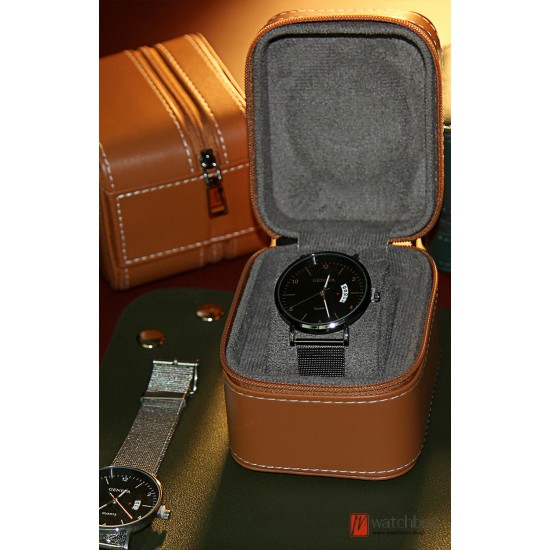 Square Portable PU Leather Single Watch Jewelry Case Storage Travel Zipper Box