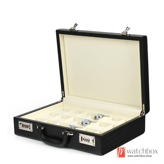 18 Grids Password Lock PU Leather Watch Jewelry Case Storage Organizer Travel Suitcase Box