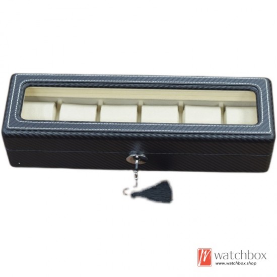 6 Grids Hand Stitching Leather Watch Case Jewelry Storage Display Box Lock With Key