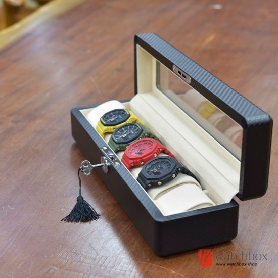 6 Grids Hand Stitching Leather Watch Case Jewelry Storage Display Box Lock With Key
