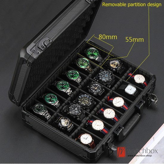 18 Grids Top Quality High Strength Portable Black Aluminum Alloy Watch Jewelry Case Protection Shockproof Storage Box Suitcase