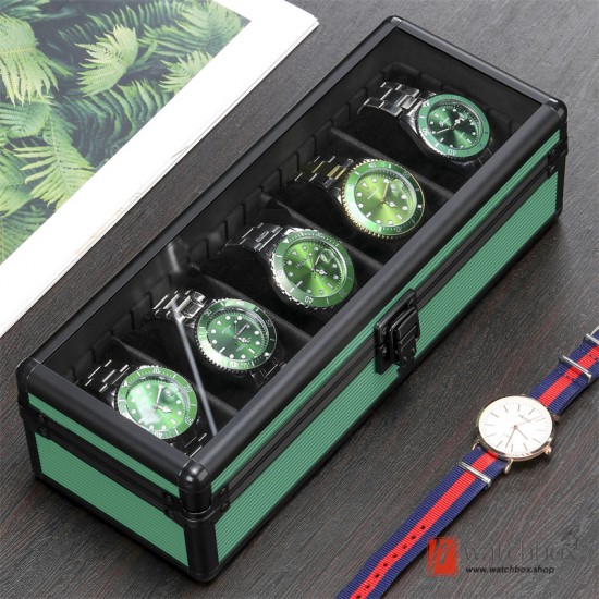 5 Grids Top Quality Green Aluminum Alloy Glass Watch Jewelry Case Storage Display Box