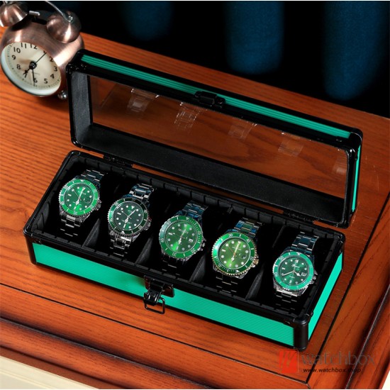5 Grids Top Quality Green Aluminum Alloy Glass Watch Jewelry Case Storage Display Box