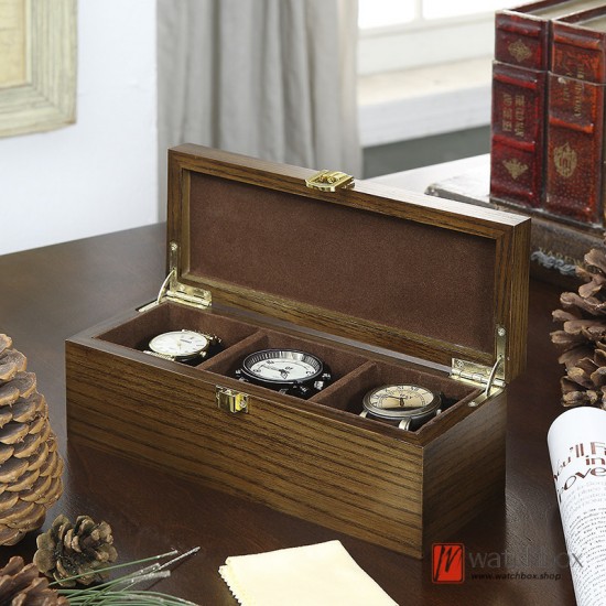Retro 3/8 Grids Pine Cone Relief Solid Wood Luxury Watch Jewelry Case Storage Box Home Decoration