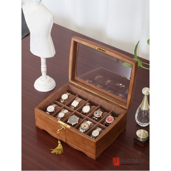 Retro 10 Grids Solid Pine Wood Luxury Watch Jewelry Case Collection Box With Lock Home Decoration
