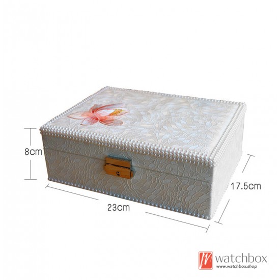 Classical Pearls Edging Embroidery Flowers Retro PU Leather Women Jewelry Case Storage Organizer Box Gifts