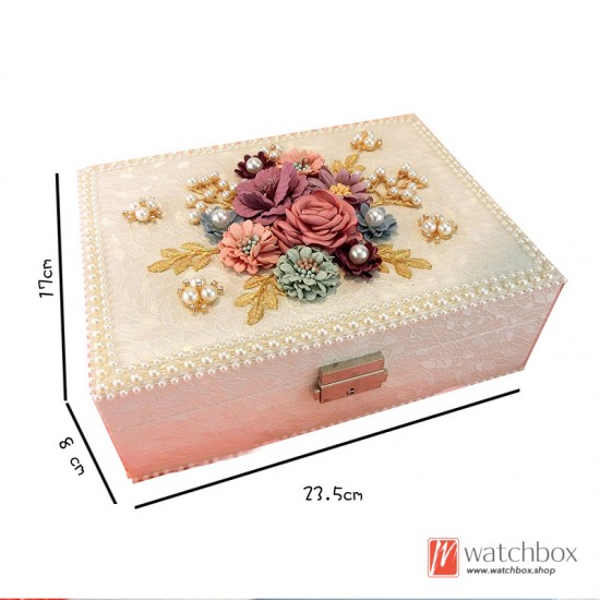 Creative Pearl flowers PU Leather Women Jewelry Case Storage Orgainizer Box Gift