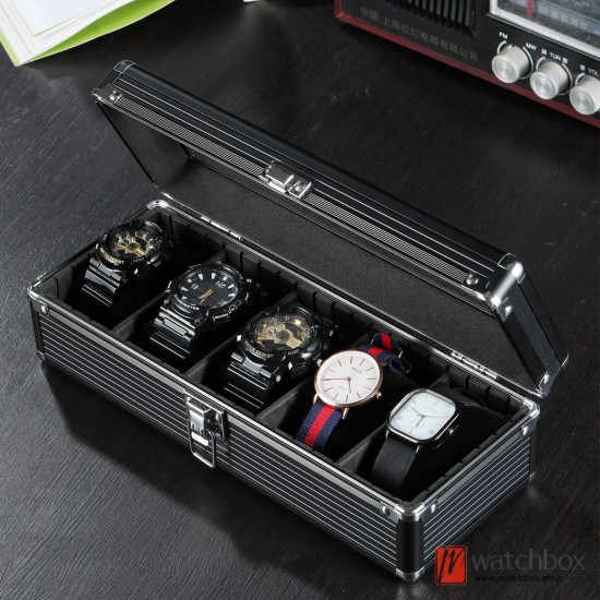 5 Grids Top Quality Matte Black Aluminum Alloy Watch Case Jewelry Storage Organizer Display Box