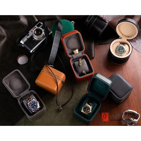 Top Quality Portable Leather Single Watch Jewelry Case Storage Travel Zipper Square Round Box