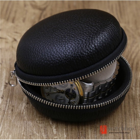 Round Genuine Leather Steel Watch Travel Case Storage Zipper Bag