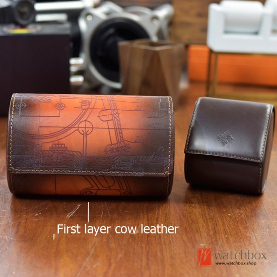 2 Grids Genuine First Layer Cow Leather Carved Watch Case Storage Protection Portable Travel Box