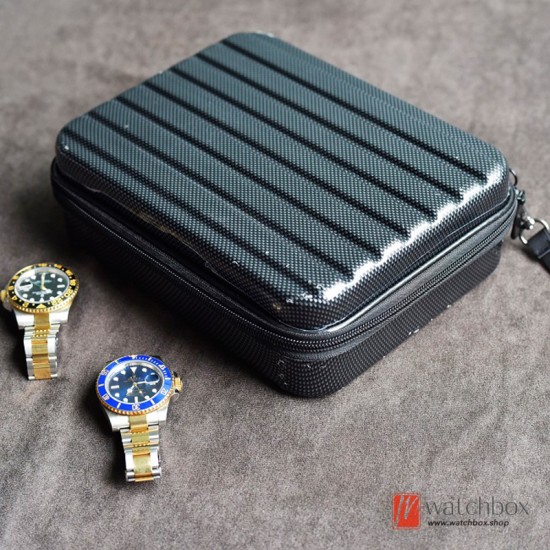 6 Grids Portable Black Carbon Fiber Watch Case Storage Protection Travel Box Hand Bag