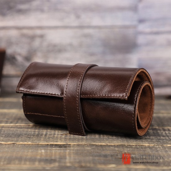 New Vintage Geunine Wax Leather 6 Pockets Watch Case Storage Travel Roll Tied Up Bag Organizer Box