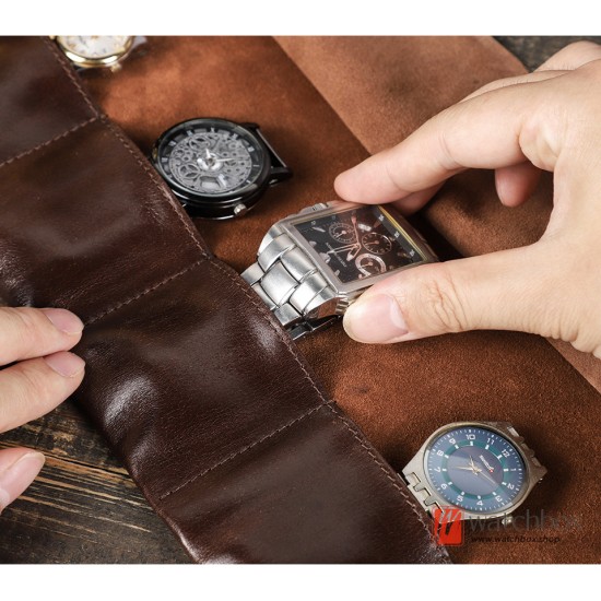 New Vintage Geunine Wax Leather 6 Pockets Watch Case Storage Travel Roll Tied Up Bag Organizer Box