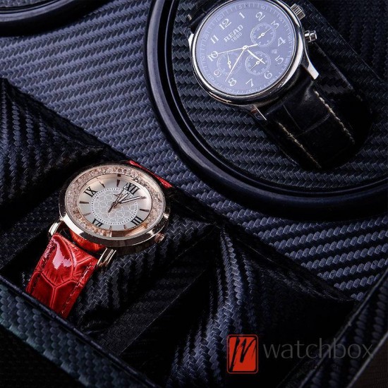 Premium Black Carbon Fiber Leather Auto Mechanical Watch Winder Storage Display Box 4+5